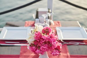 backyard wedding flowers on table